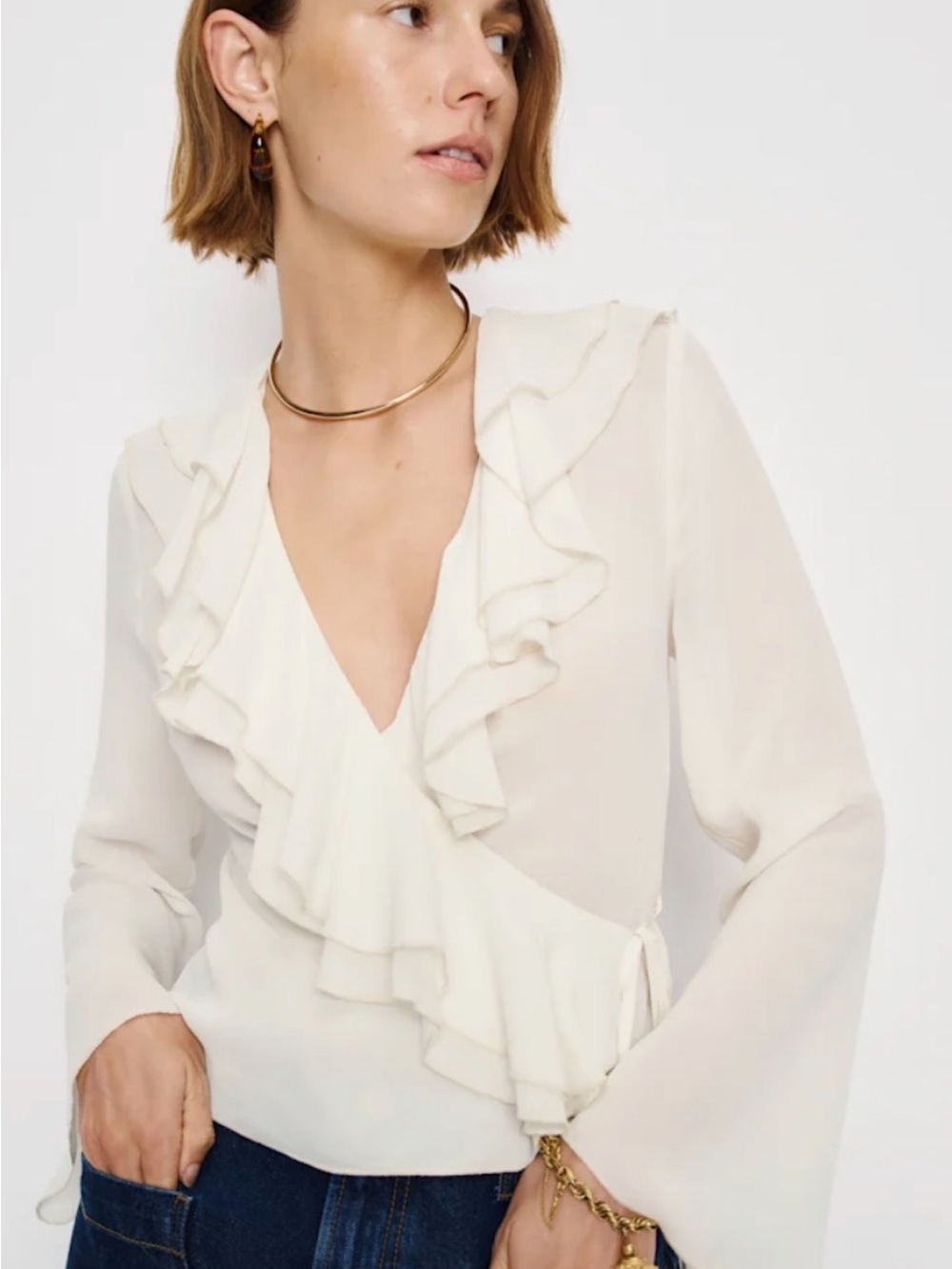 Reformation Cream Ruffle Wrap Blouse